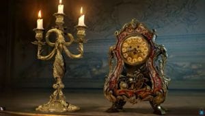 Lumiere and Cogsworth in Disney's live-action "Beauty and the Beast"