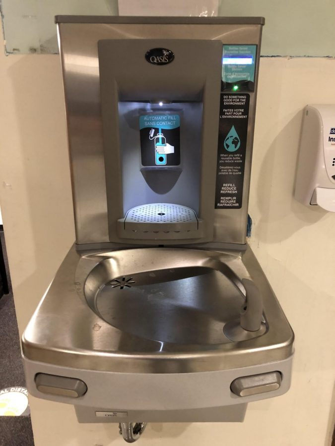 A water bottle station located in the basement of the Student Union.