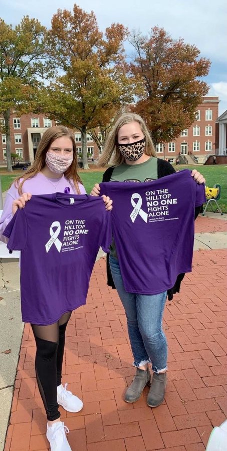 Members of Beta Rho Epsilon, Kendahl Stanley and Brianna Hamon, participating in last years domestic violence walk hosted by Lambda Psi Sigma.
