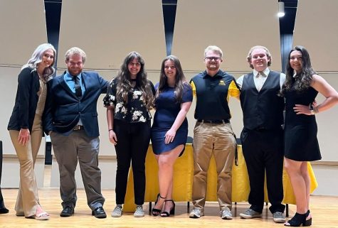 From left to right: Sydney Burkle, Cody Dixon-Rushman, Alexandria Black, Kia Villers, Andrew Dalton, Matthew ONeill, and Alexia Schmader. 

This photo was taken after the candidates running for SGA president and vice president had their town hall panel on Thursday, March 30. Andrew Dalton was the mediator for the event.