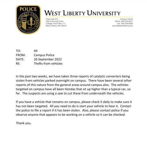 A copy of the press release sent out to the student body regarding the stealing of catalytic converters.