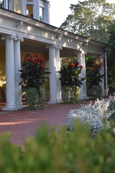 Front of building with flower baskets at Oglebay Park